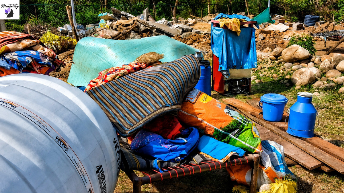 Household items, bedding, and other belongings outside a makeshift shelter after families were displaced from their homes