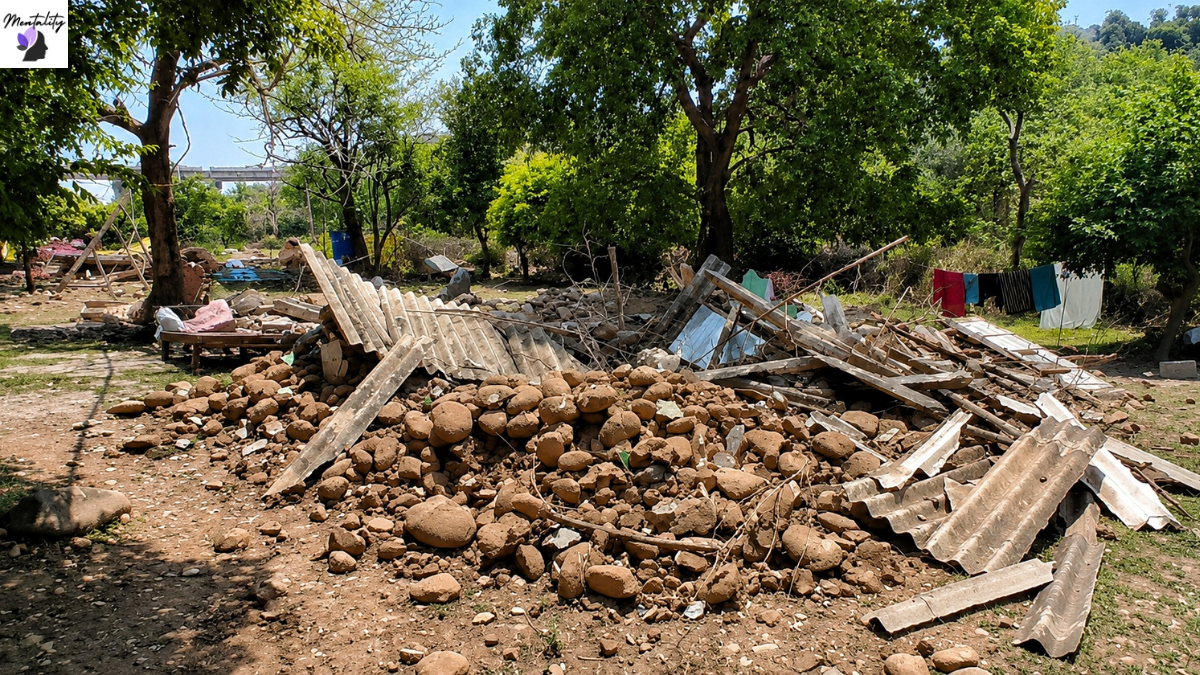 A damaged tin-roof structure lies collapsed along with other debris